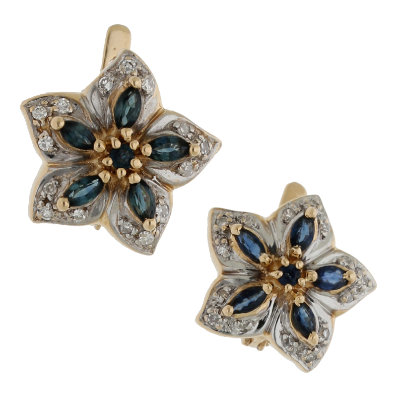 Safir Brillant Ohrringe in Blütenform, ca. 16 mm Durchmesser