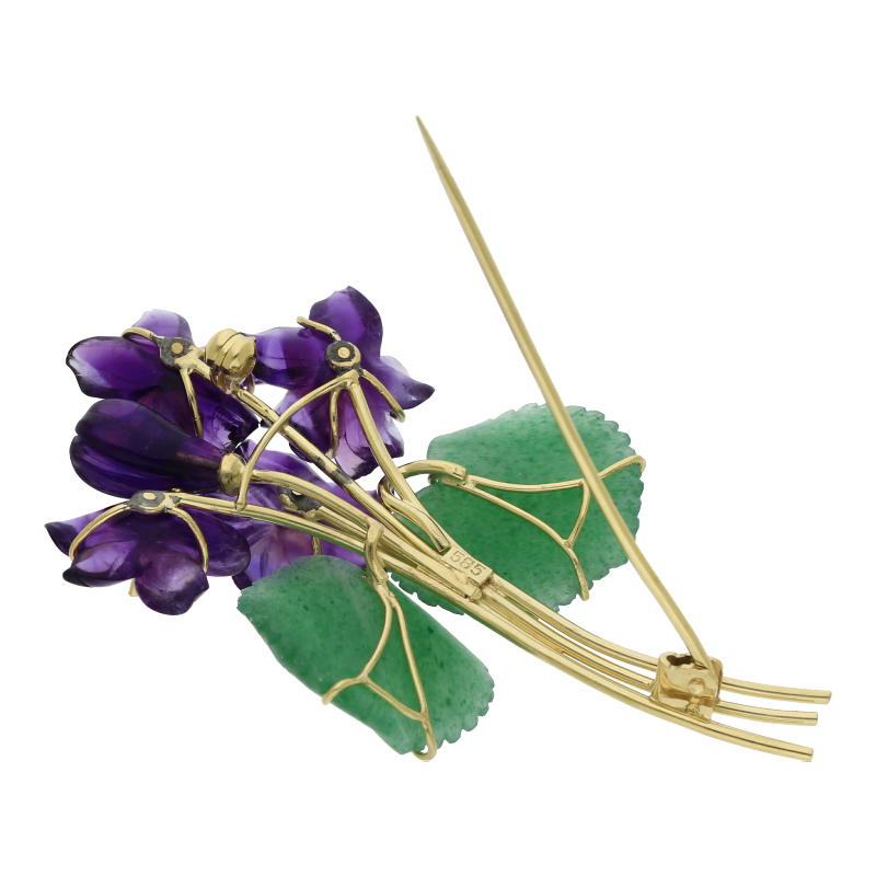 Veilchen Brosche Amethyst Jade Diamant 585 Gold Blüten