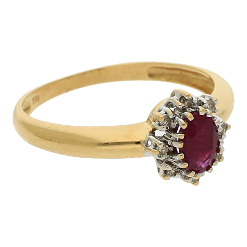 Farbsteinring mit Diamant 750 /18 K Gelbgold 1 Rubin, 8 Diamanten