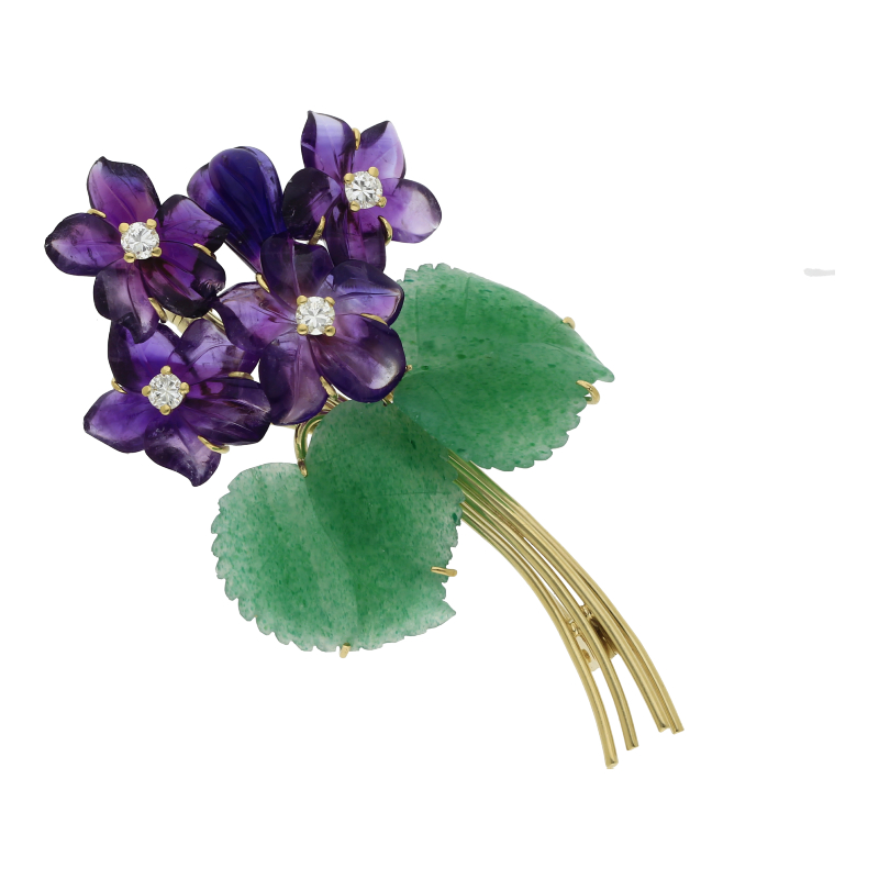 Veilchen Brosche Amethyst Jade Diamant 585 Gold Blüten
