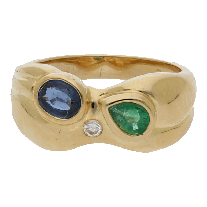 Ring mit Smaragd, Saphir, Brillant 15K/750 Gelbgold
