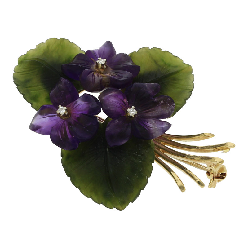 Veilchen Brosche Amethyst Jade Diamant 585/ 14 K Gold