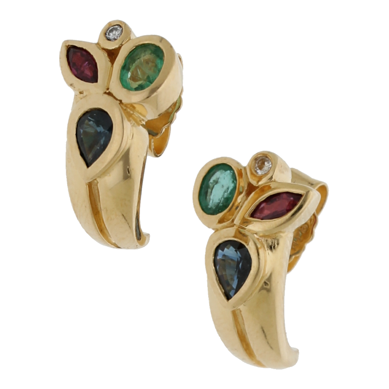 Rubin Saphir Smaragd Brillant Ohrstecker 750/ 18 K Gold