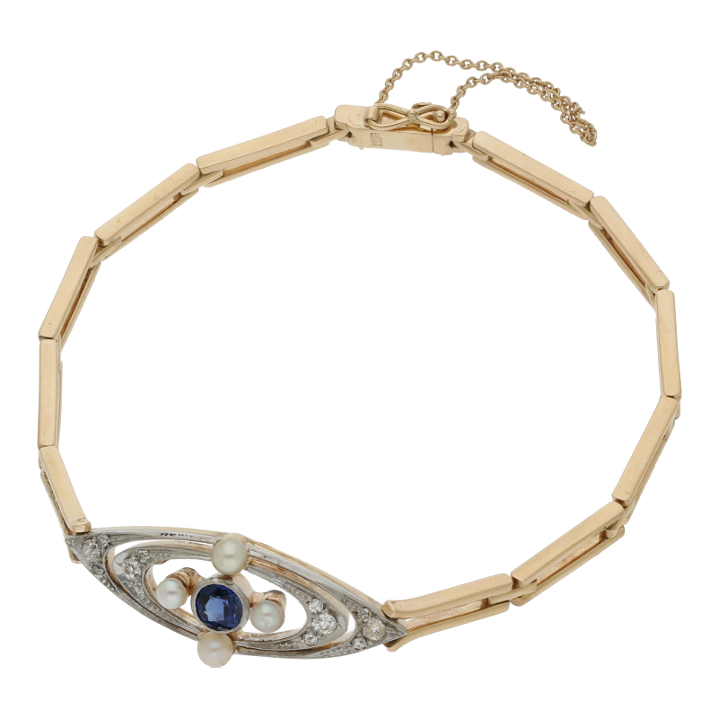 Farbstein-Armband mit Diamant 585/14 K Gelbgold Saphir Diamanten Altschliff-Diamanten ca. 0,20ct. Länge 18,5 cm