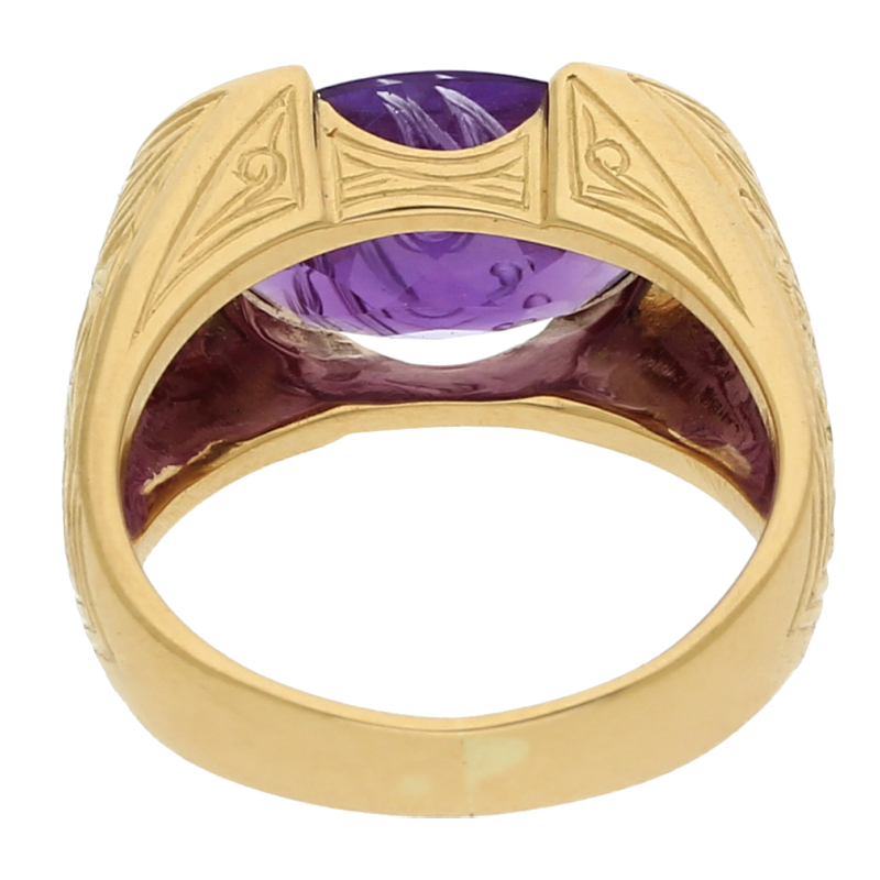 Farbsteinring mit Diamant 750 /18 K Gelbgold Amethyst mit Monogramm MR im Stein 12 Brillanten ca. 0,12ct.  (H) Weiß (Si) Kleine Einschlüsse
