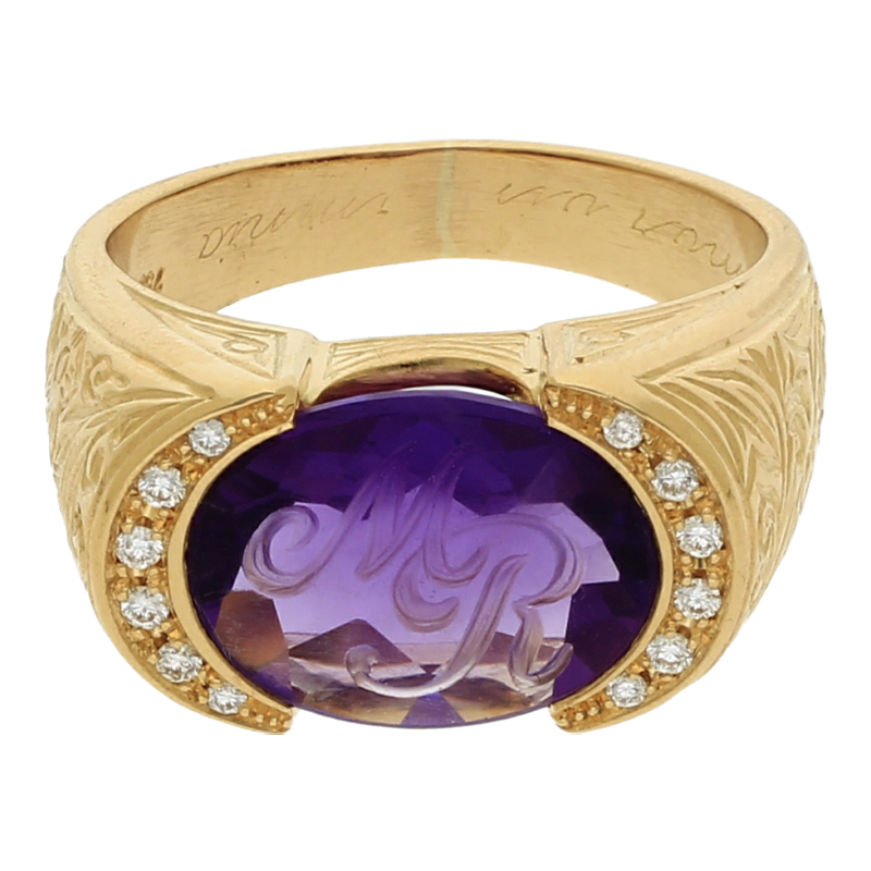 Farbsteinring mit Diamant 750 /18 K Gelbgold Amethyst mit Monogramm MR im Stein 12 Brillanten ca. 0,12ct.  (H) Weiß (Si) Kleine Einschlüsse