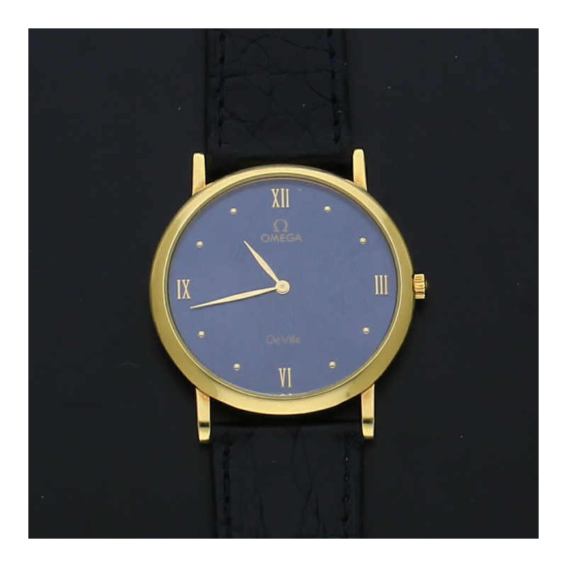 Omega DeVille Uhr 750 /18 K Gelbgold Gehäuse Lederband Quarz 31 mm Durchmesser Ref-Nr.: 73007390 neue Batterie September 2026