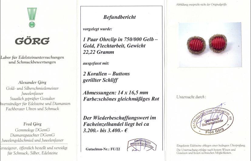 Korallen Ohrclips Unikat Expertise ca. 3400,-