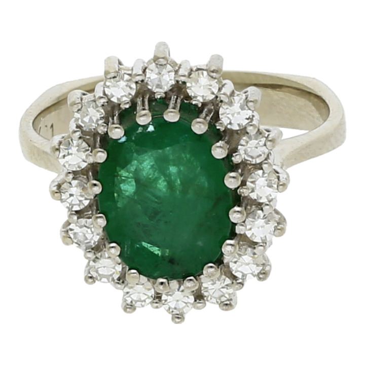 Farbsteinring mit Diamant 585/14 K Weißgold Smaragd Diamanten Entourage Ring