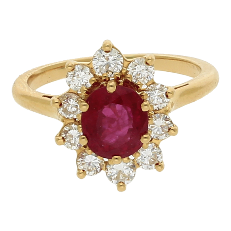 Entourage Ring  mit Diamant u. ca. 1,3 ct Rubin 750 /18 K Gelbgold Brillant ca. 0,84ct.  (H) Weiß (Vs) Sehr kleine Einschlüsse