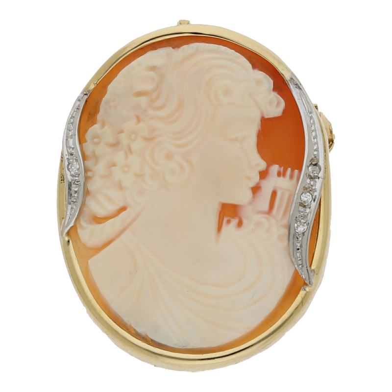 Farbsteinanhänger mit Diamant 750 /18 K Gelbgold Muschel Kamee Länge 4,0 cm Breite 2,6 cm