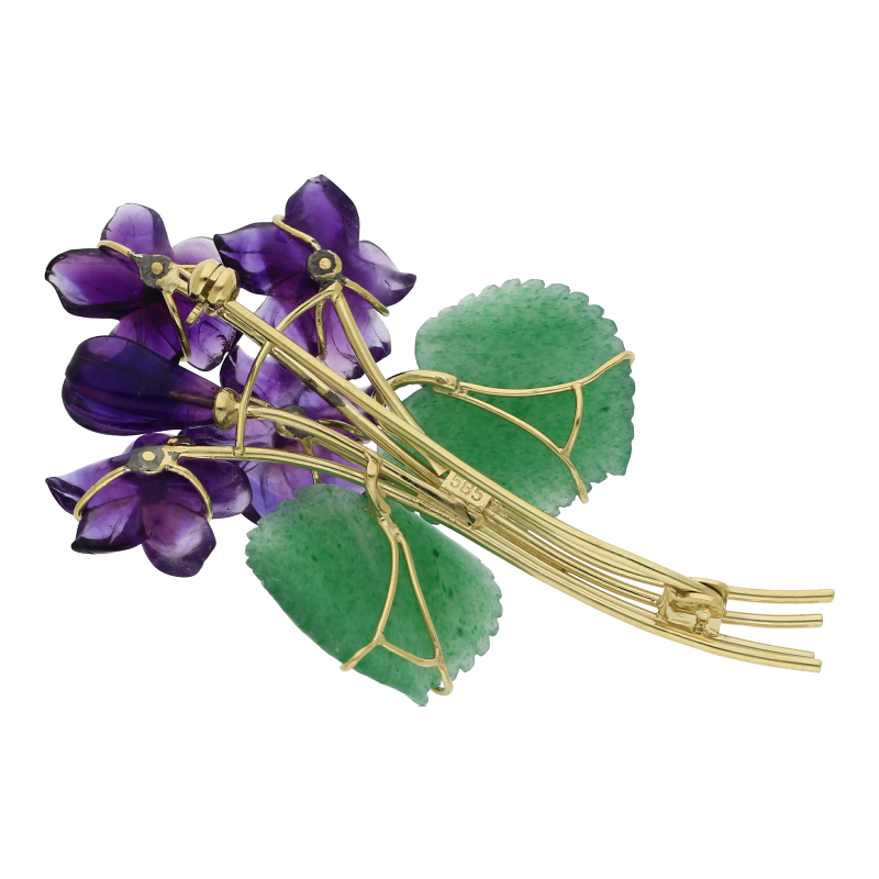 Veilchen Brosche Amethyst Jade Diamant 585 Gold Blüten