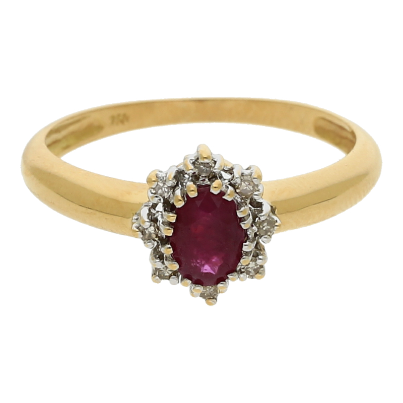 Farbsteinring mit Diamant 750 /18 K Gelbgold 1 Rubin, 8 Diamanten