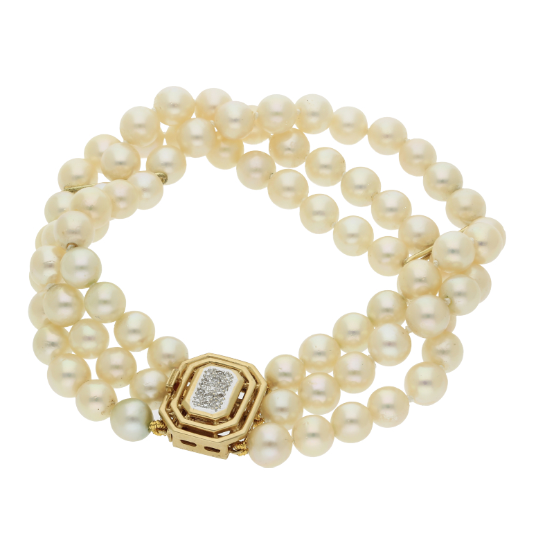 Perlenarmband 3-reihig mit Diamantschließe 585 Gold