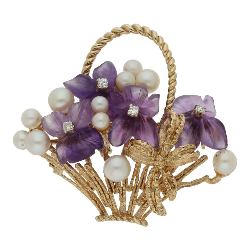 Ametyst Zuchtperlen Diamant Brosche 585/ 14 K Gold