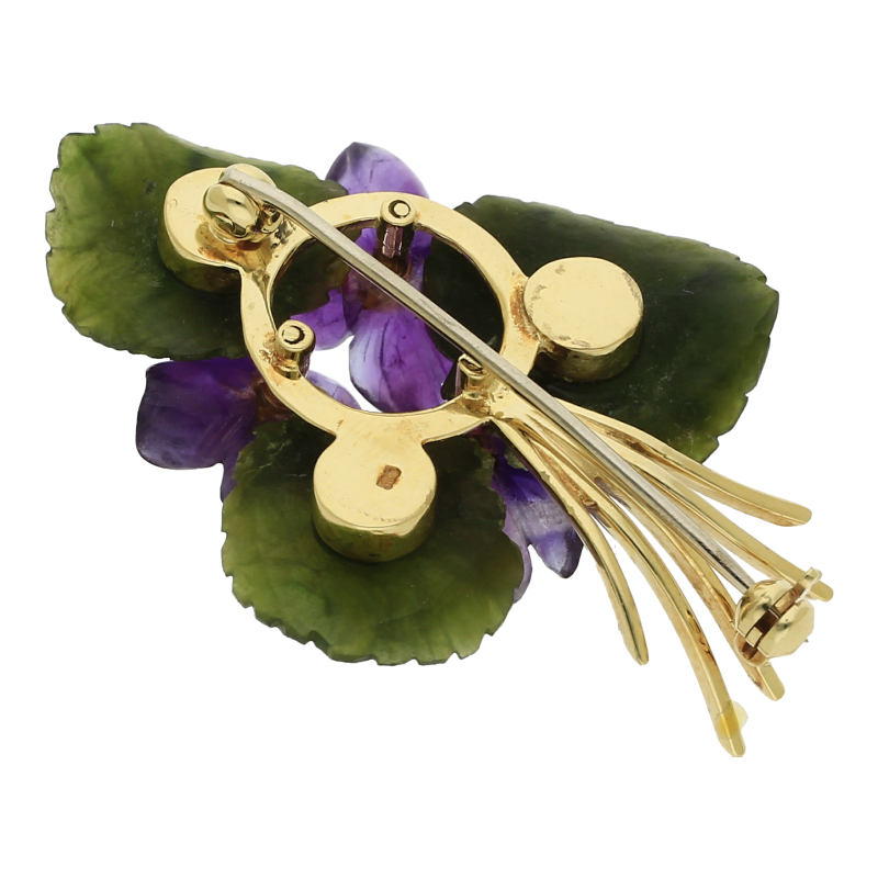 Veilchen Brosche Amethyst Jade Diamant 585/ 14 K Gold