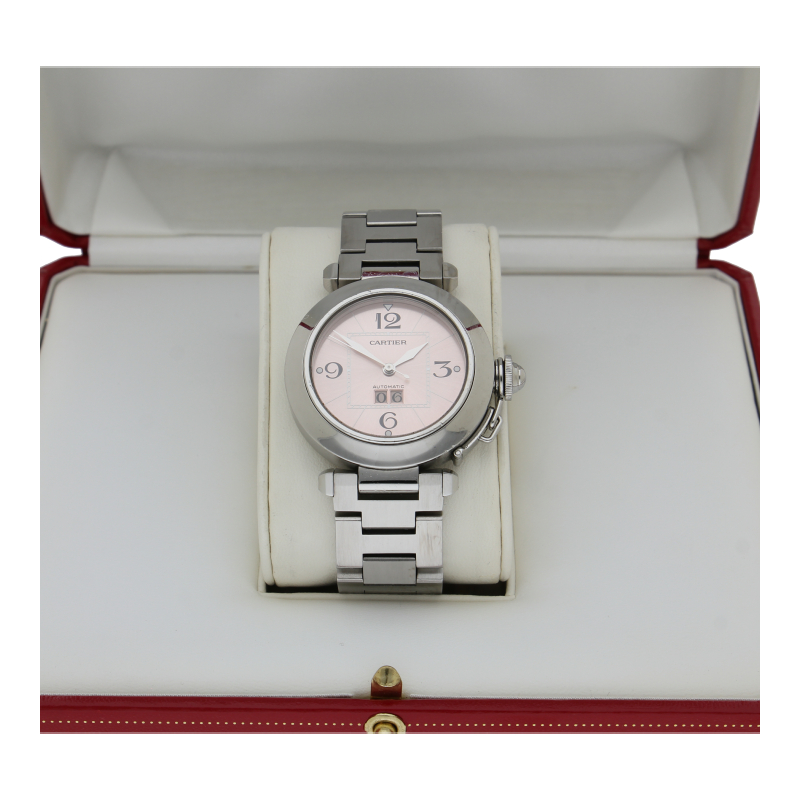 Cartier Pasha Automatik Ref. 2475 Edelstahl rosa Zifferblatt Box Papiere